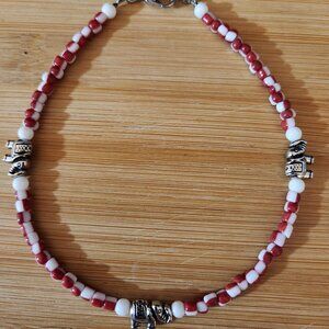 Hand Crafted Anklet Elephant Ankle Bracelet Beaded Red White Silver 12" Plus